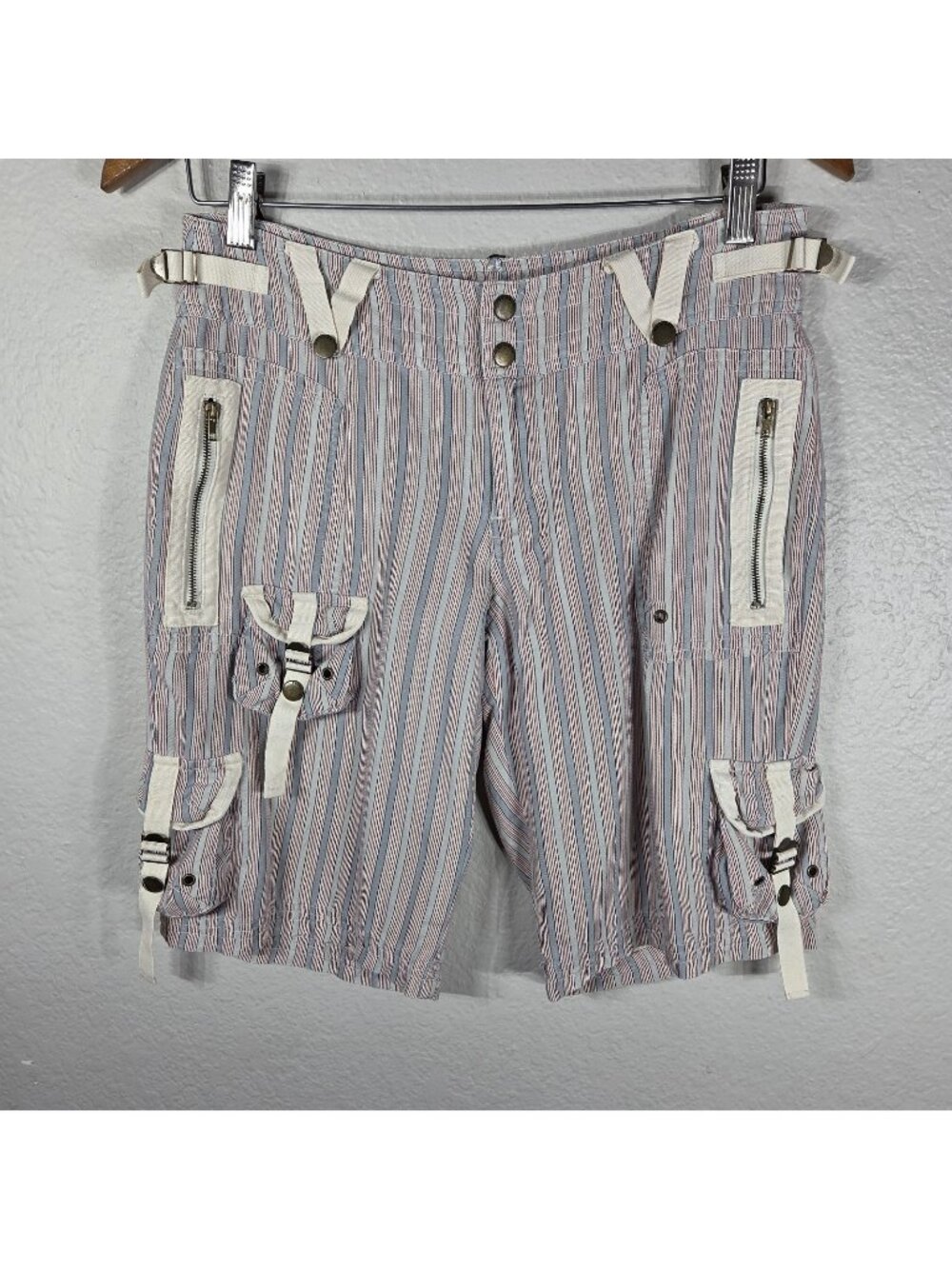 Da-Nang Linen Shorts Mens Size M Cargo Pockets Buckle Utility Stripe Red Blue